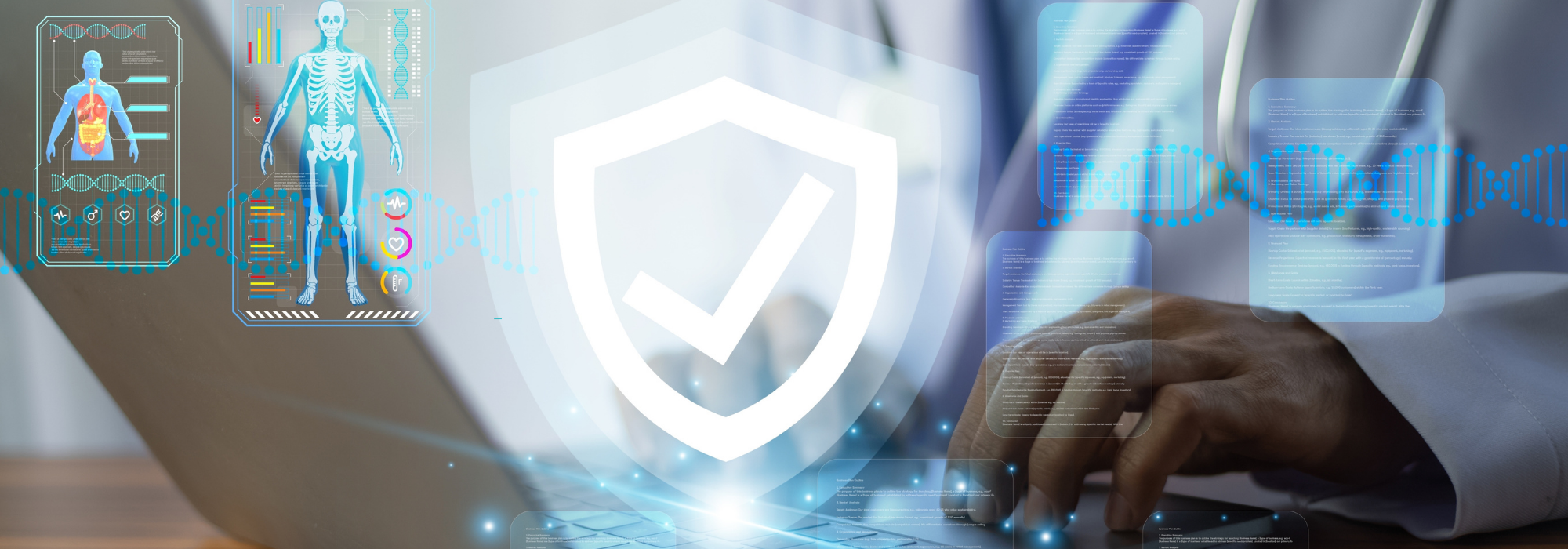 Healthcare professional using a laptop with digital medical records and security shield icon, symbolizing HIPAA eligible cloud solutions for protecting patient data."