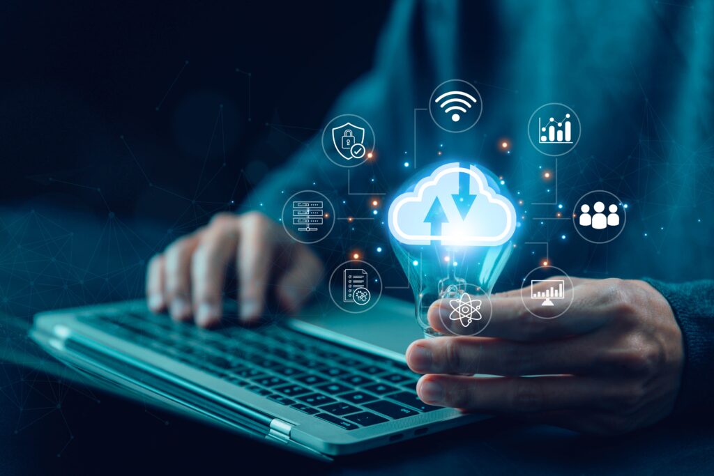 digital computer with cloud technology flare above it featuring Healthcare cloud security posture management