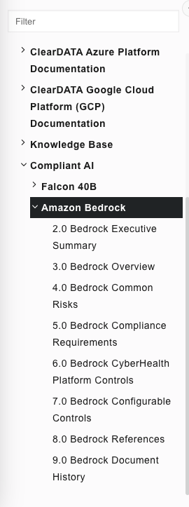 Menu navigation of Amazon Bedrock CRA, including executive summary, overview, common risks, CyberHealth Platform controls, compliance requirements, configurable controls, and references. 