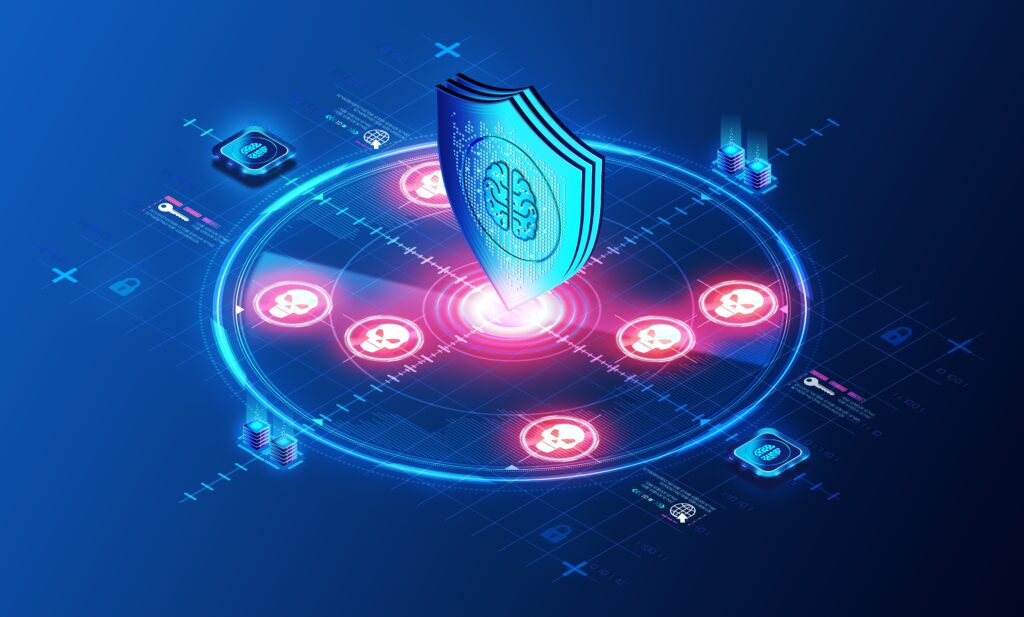Cloud security posture management visualization: A sleek, blue-toned digital illustration featuring a central white cloud with a lock icon, surrounded by interconnected shield icons, network connections, and technology symbols representing comprehensive cybersecurity protection and network defense strategies - Cloud Security Posture Management