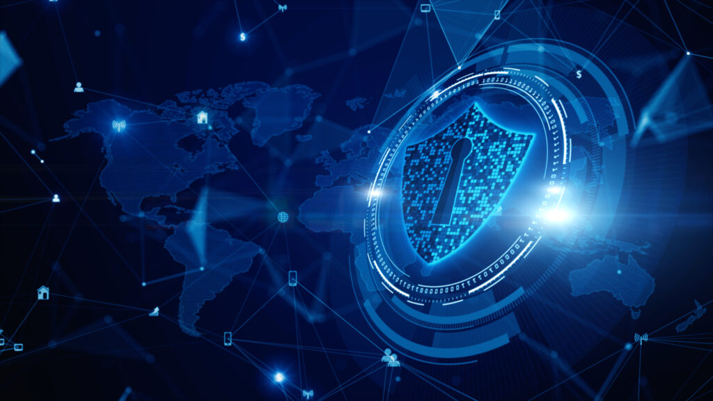 Digital cybersecurity shield overlaying a global map, symbolizing global network security, data protection, and healthcare cybersecurity infrastructure in a connected digital environment.