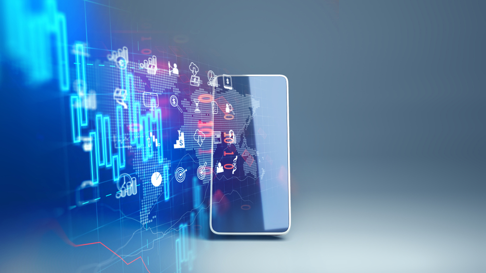 A futuristic digital representation of a smartphone with financial and healthcare cybersecurity icons overlaying a world map, symbolizing global fintech and healthcare data protection