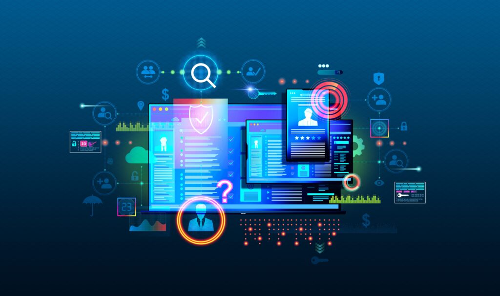 Digital security dashboard visualization showing TPRM (Third-Party Risk Management) interface. Features computer screens with security panels, interconnected icons for authentication and monitoring, glowing elements highlighting risk assessment, and analytics displays with rating systems for vendor evaluation—all set against a deep blue background.