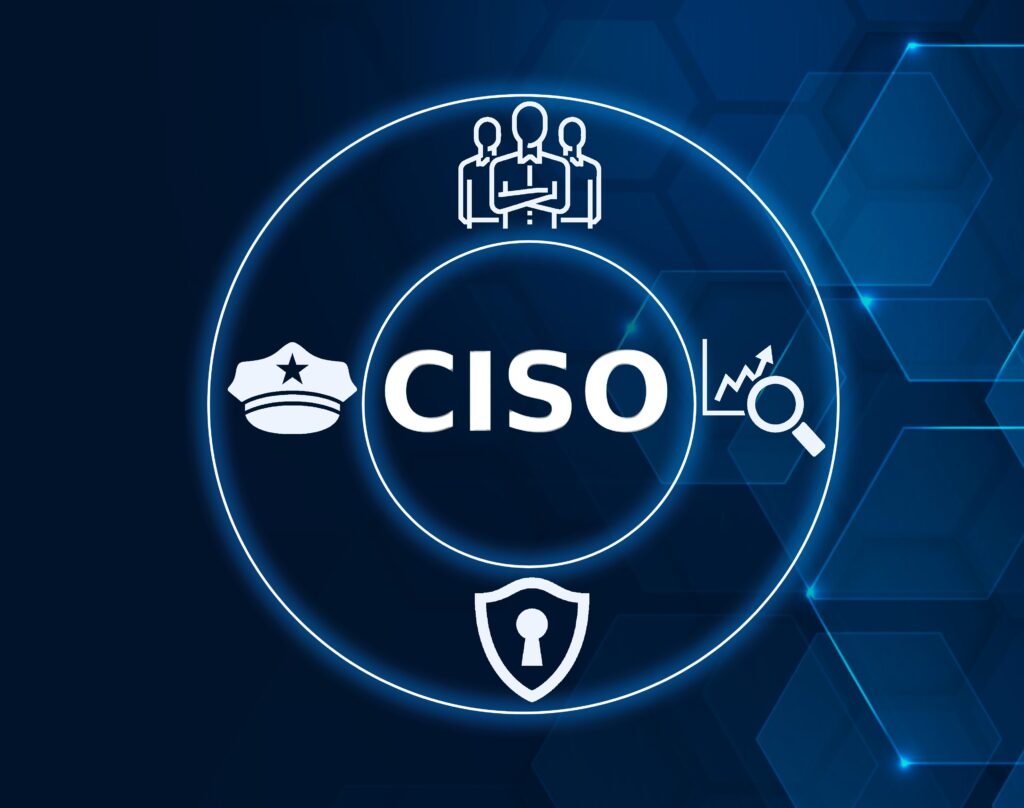 Visual concept of a Chief Information Security Officer (CISO) role and ciso responsibilities - featuring icons representing leadership, data analysis, law enforcement, and cybersecurity on a digital blue hexagonal background.