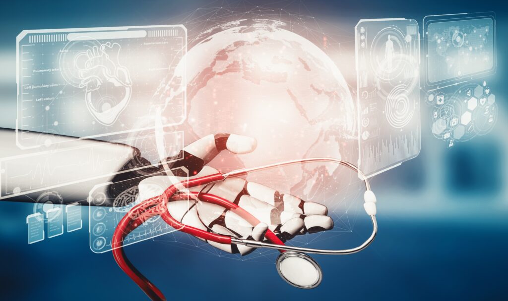 Futuristic medical technology visualization depicting a robotic hand holding a stethoscope, surrounded by holographic medical interface screens and a translucent globe, symbolizing LLMs in healthcare and digital medical diagnostics across a global network.
