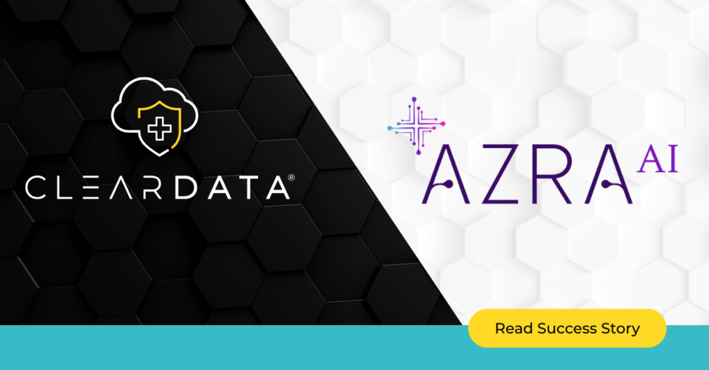 ClearDATA and Azra AI logos side by side on contrasting black and white triangular backgrounds, showcasing their partnership in healthcare AI cloud compliance solutions. A bright yellow 'Read Success Story' button invites visitors to learn about their secure oncology care transformation