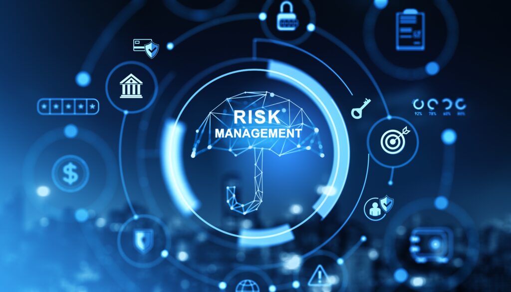 Digital cybersecurity concept showing 'RISK MANAGEMENT' with an umbrella icon in the center, surrounded by financial, security, and compliance icons on a blue technology background, illustrating integrated risk management in healthcare systems and data protection