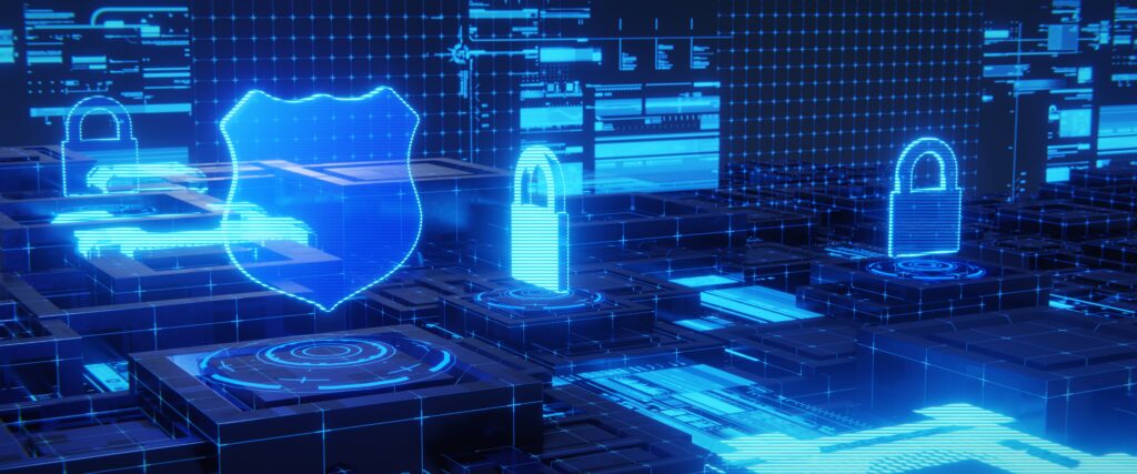 Concept of floating cybersecurity and lock icons