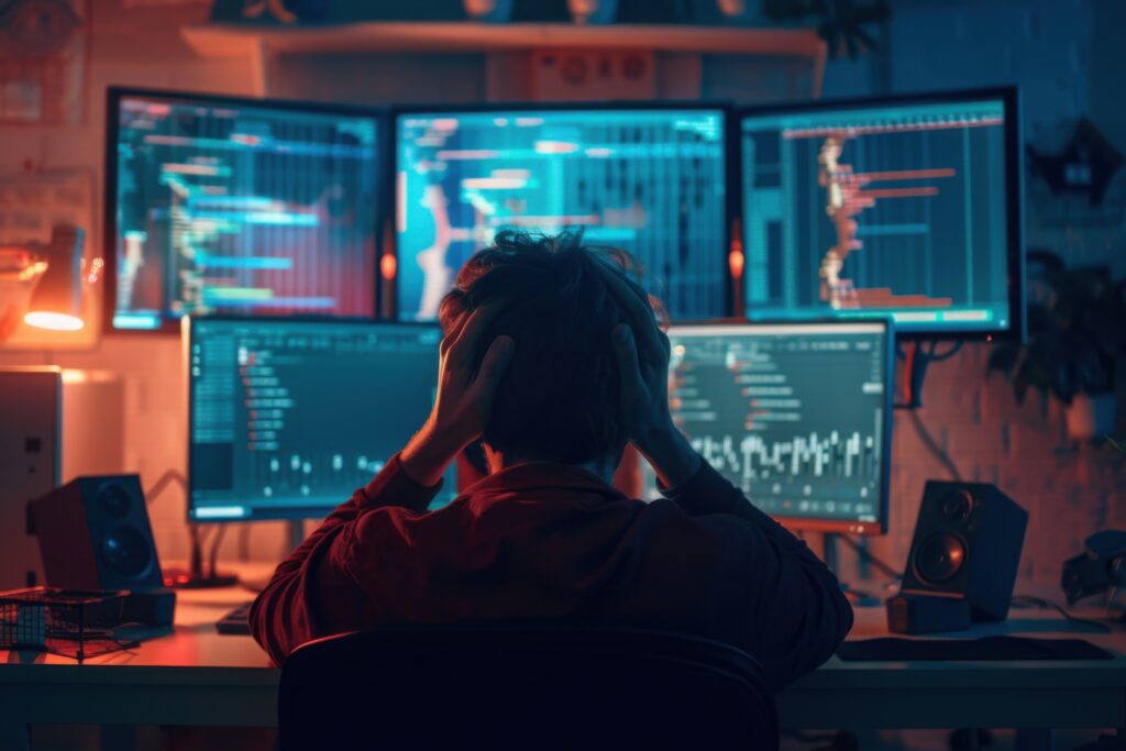Stressed cybersecurity analyst monitoring multiple threat detection dashboards in a dark SOC environment, overwhelmed by IT alert fatigue and real-time incident data on large monitors