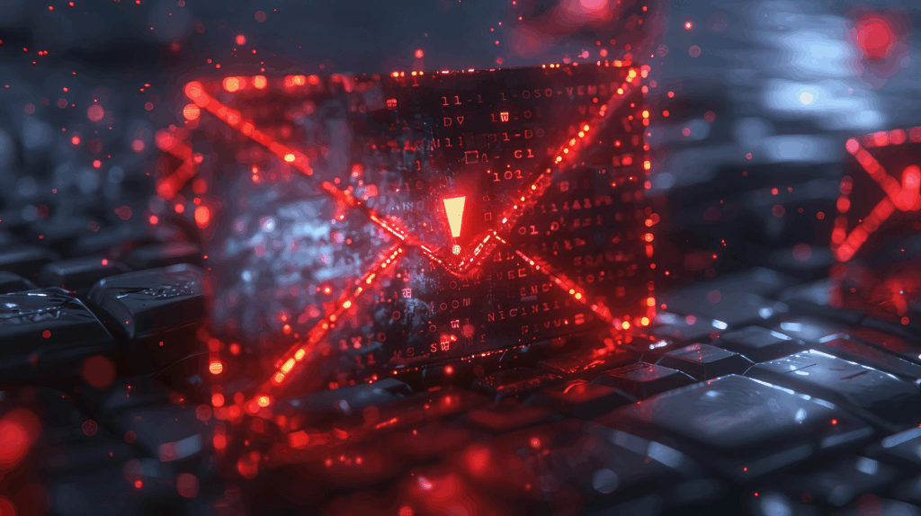 Digital warning email icon glowing red on a dark keyboard, symbolizing cybersecurity alert fatigue and the overwhelming volume of threat notifications in healthcare IT environments.