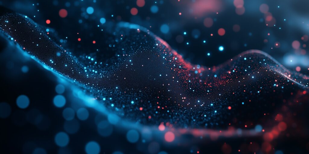 Digital particle wave animation with blue and red glowing effects - abstract technology background with the goal of depicting agentless security