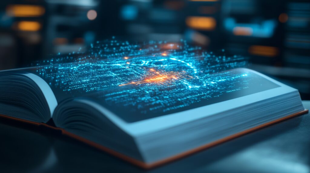 Digital cybersecurity concept visualized as glowing data and network lines emerging from an open book, symbolizing knowledge, a healthcare cybersecurity glossary, and technology, and healthcare data protection.