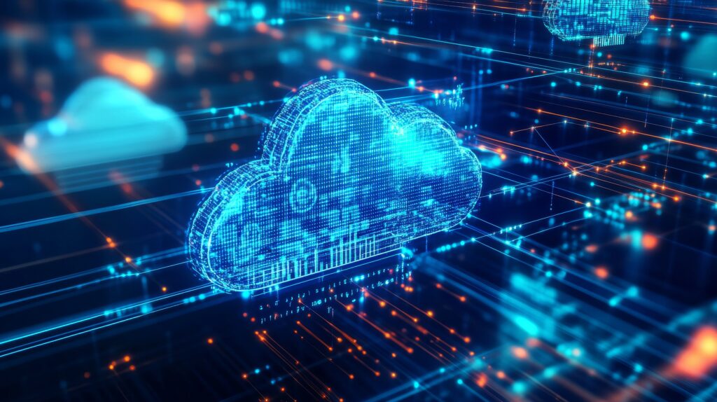 Digital illustration of a glowing cloud icon surrounded by data streams, symbolizing AI cloud security, advanced threat detection, and protection of sensitive healthcare data in the cloud.