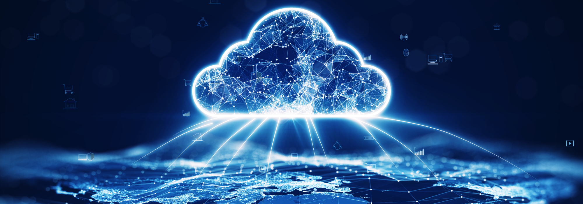Illustration of cloud computing network over global map, representing secure data transfer, cloud visibility, and AI-powered cloud infrastructure for healthcare and enterprise environments