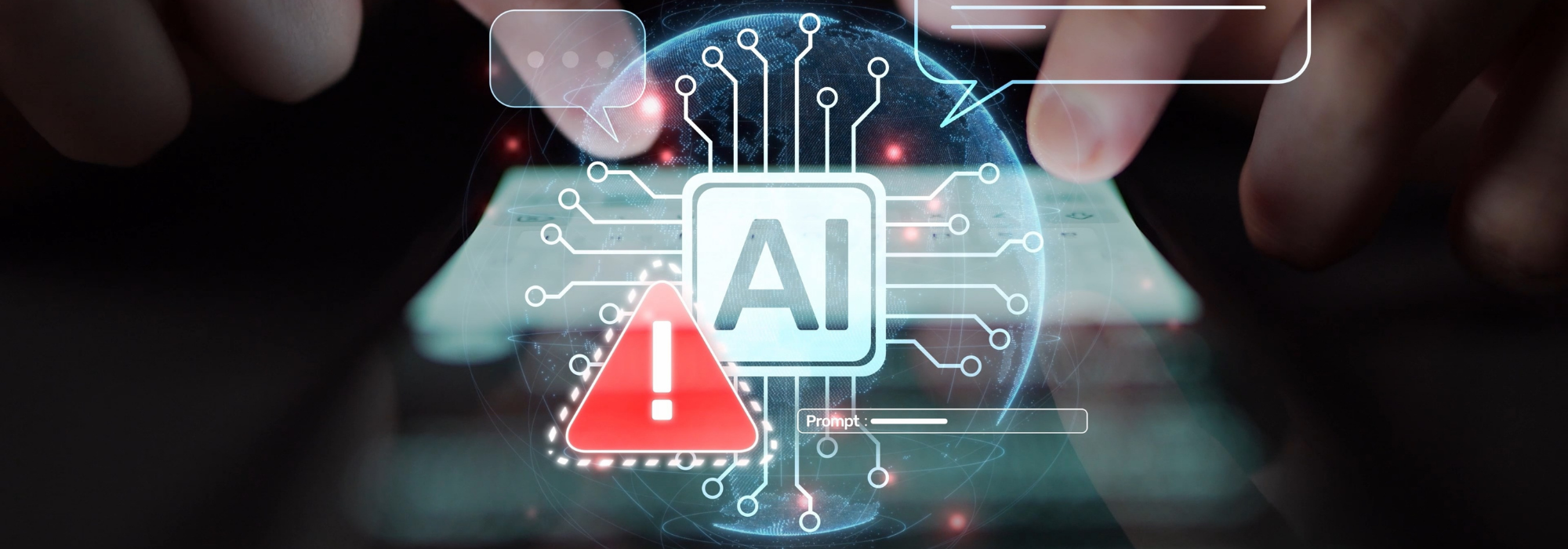 Illustration of governing shadow AI risks with exclamation warning sign and AI circuit interface.