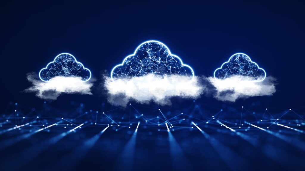 Digital cloud computing network illustration with glowing cloud icons connected by data nodes, representing secure multi-cloud storage and connectivity.