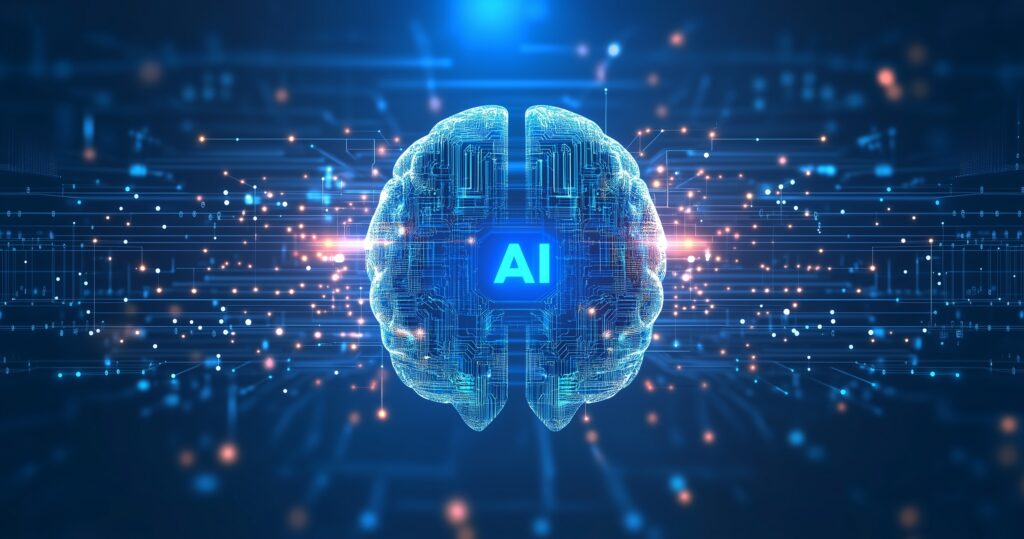 Futuristic digital brain with glowing AI core, symbolizing artificial intelligence, machine learning, and advanced technology innovation in data processing and automation.