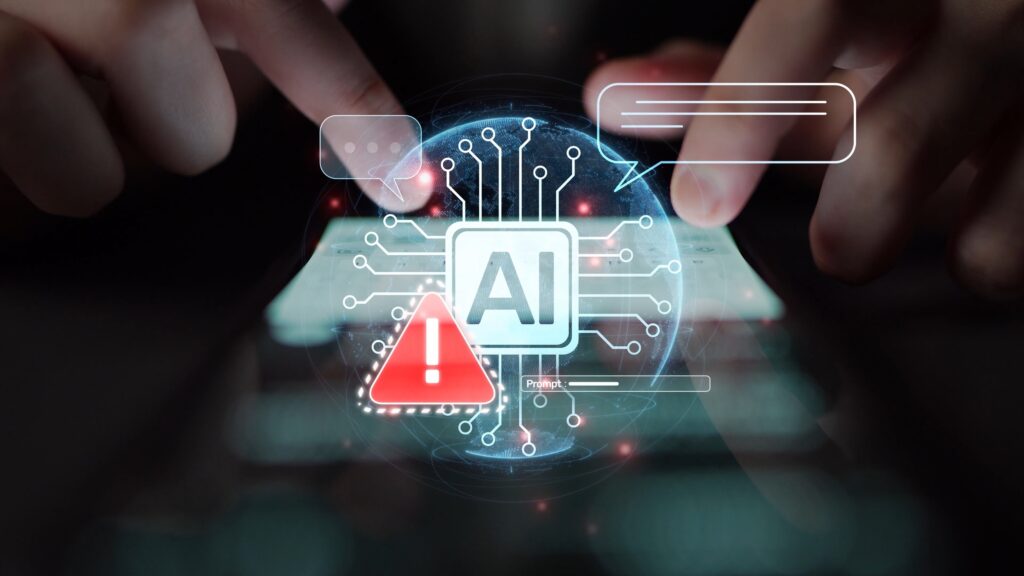 Illustration of governing shadow AI risks with exclamation warning sign and AI circuit interface.