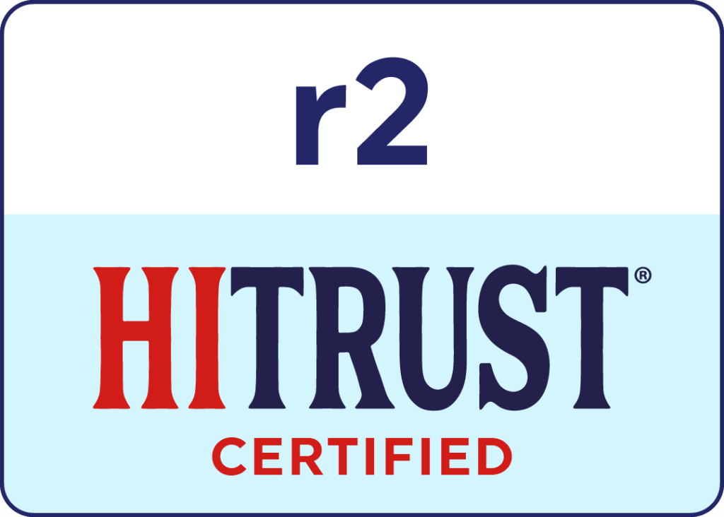 HITRUST r2 risk-based 2-year certified badge, highlighting compliance and security validation for organizations meeting rigorous data protection standards.
