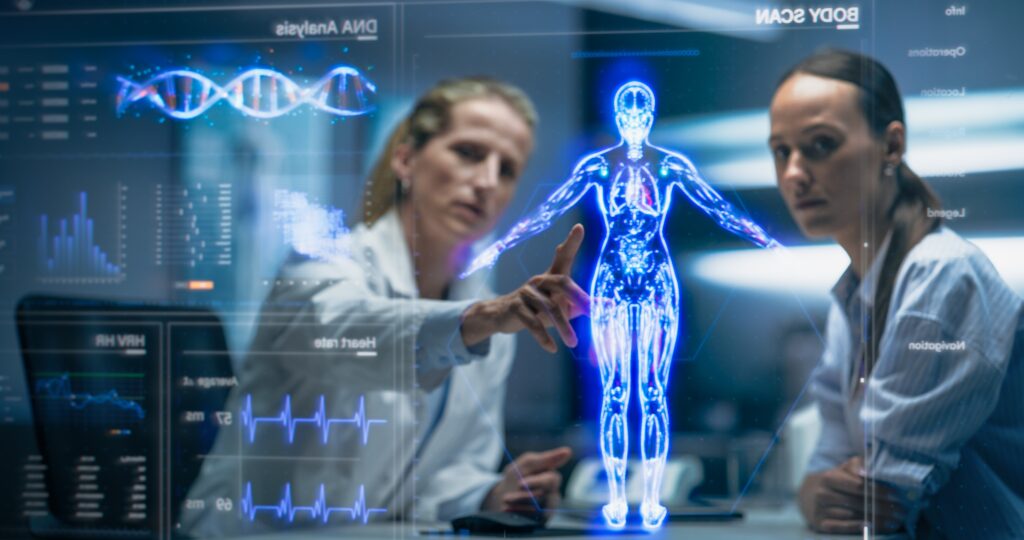 Healthcare professionals reviewing a digital body scan with DNA sequencing and vital signs on a transparent display, demonstrating AI Cybersecurity Solutions that protect sensitive medical data and enable secure, AI-powered healthcare innovation