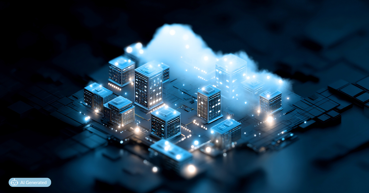 Futuristic 3D illustration of a digital cityscape emerging from a glowing cloud, symbolizing cloud modernization, data integration, and scalable digital infrastructure. The illuminated buildings and circuit-like base represent cloud computing, modernization, and advanced architecture for secure, connected enterprise systems.